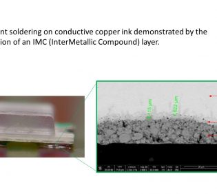 Excellent soldering on conductive copper ink demonstrated by the formation of an IMC (InterMetallic Compound) layer